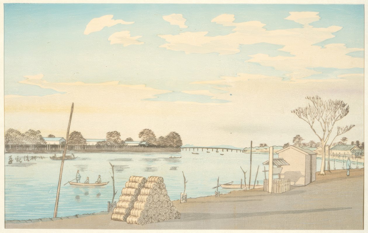 Ferry com vista para o Monte Fuji, o rio Okawa de Kiyochika Kobayashi
