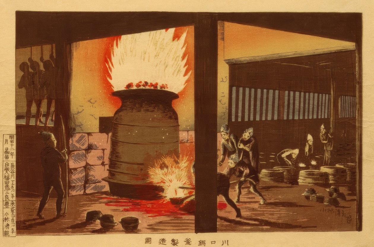 Produção de panelas e chaleiras em Kawaguchi de Kiyochika Kobayashi