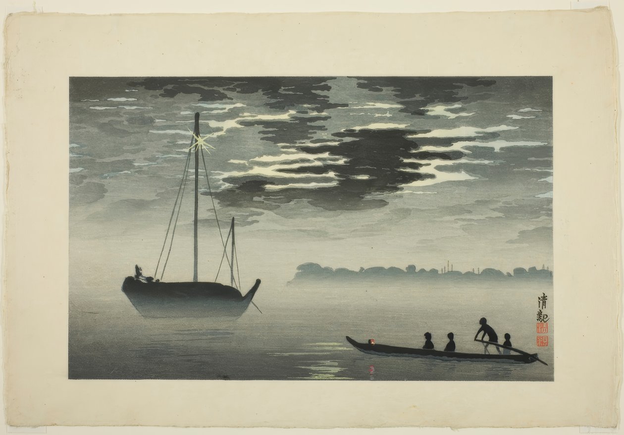 O luar através das nuvens ao largo da costa de Haneda de Kiyochika Kobayashi