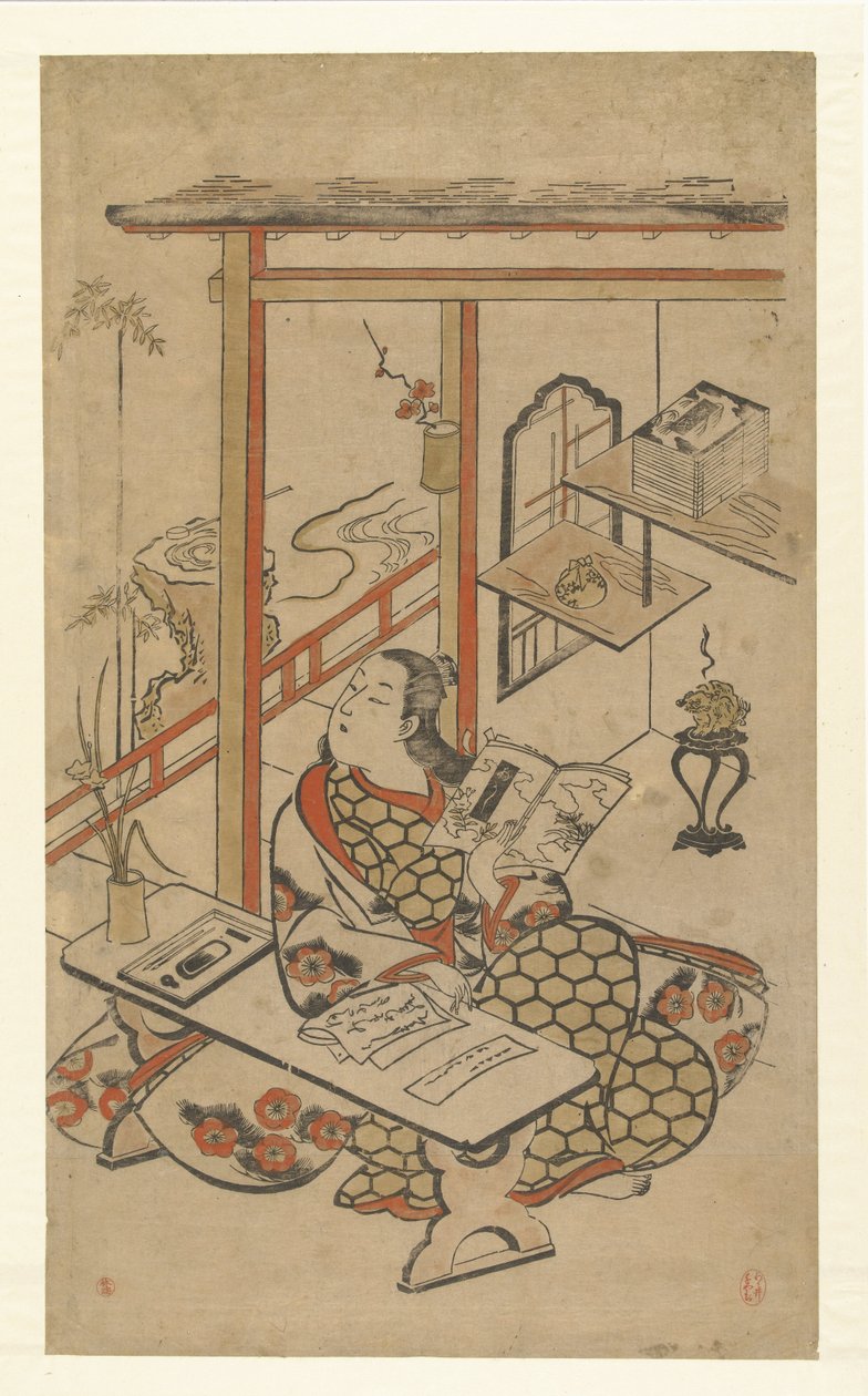 Mulher à mesa, lendo a Narrativa de Genji. de Kiyomasu (I) , Torii (attributed to)