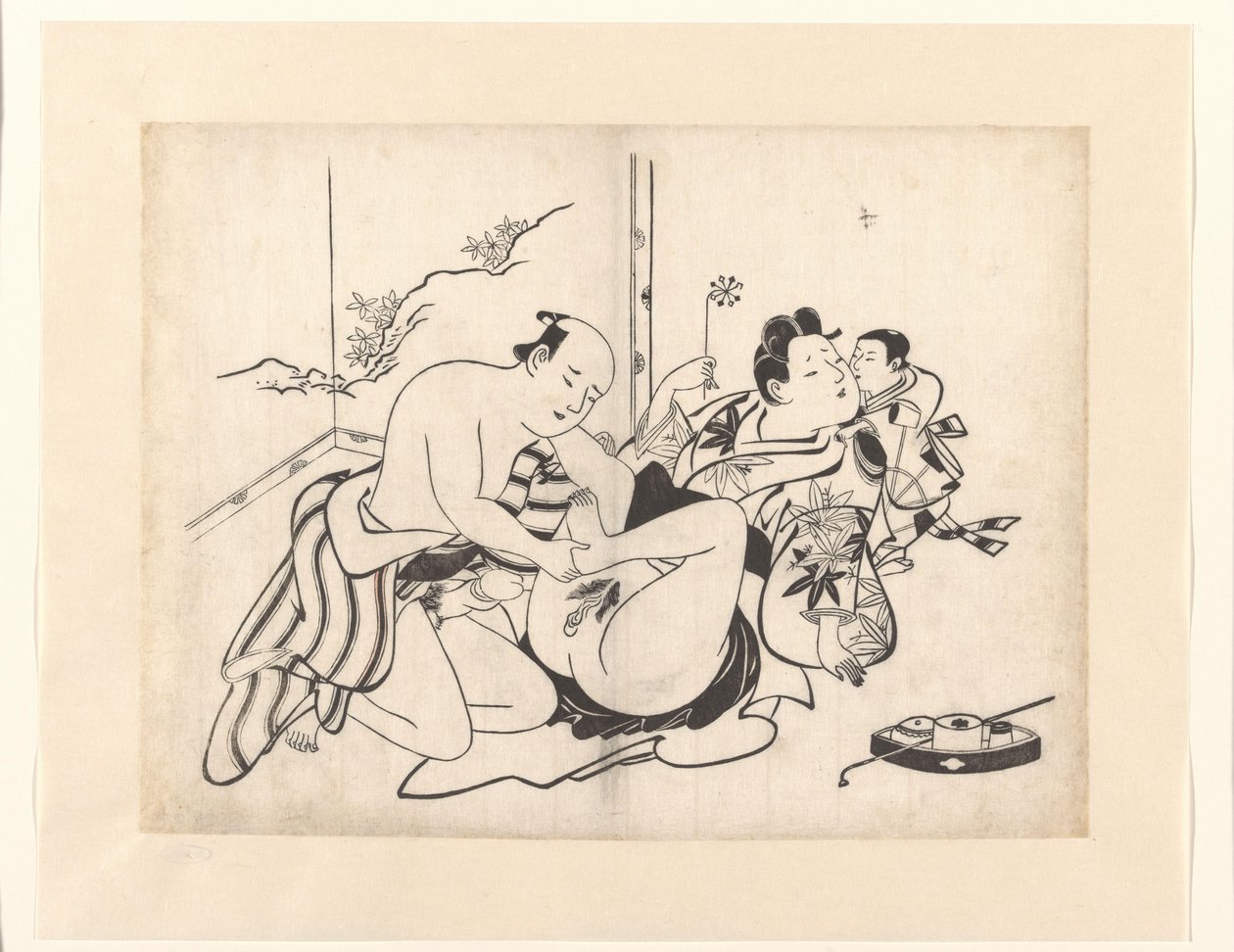 Performance erótica com utensílios para fumar e tela dobrável de Kiyonobu (I) , Torii