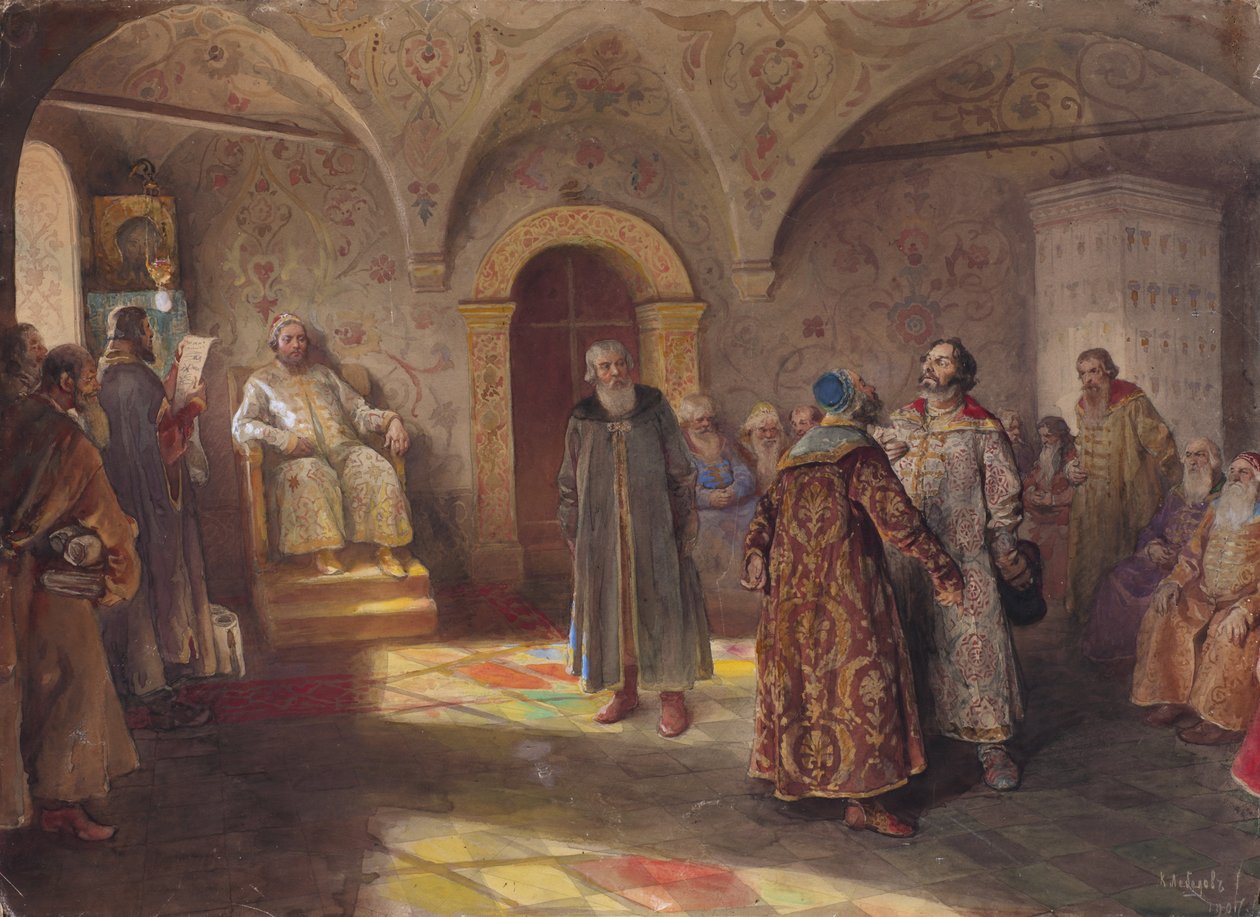 Czar e boiardos, 1907. de Klavdi Vasilyevich Lebedev