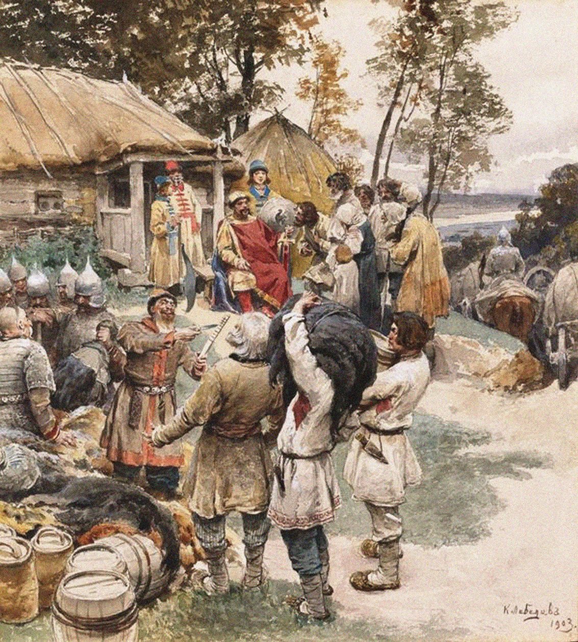 Poliudie Coletando tributo. Igor de Kiev, tributo exato dos Drevlyans, 1903 de Klavdiy Vasilievich Lebedev