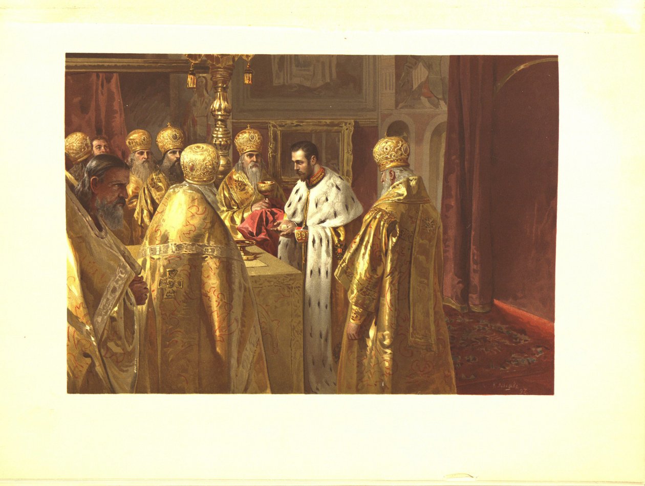A cerimônia de coroação de Nicolau II. A Eucaristia, 1899 de Klavdiy Vasilievich Lebedev