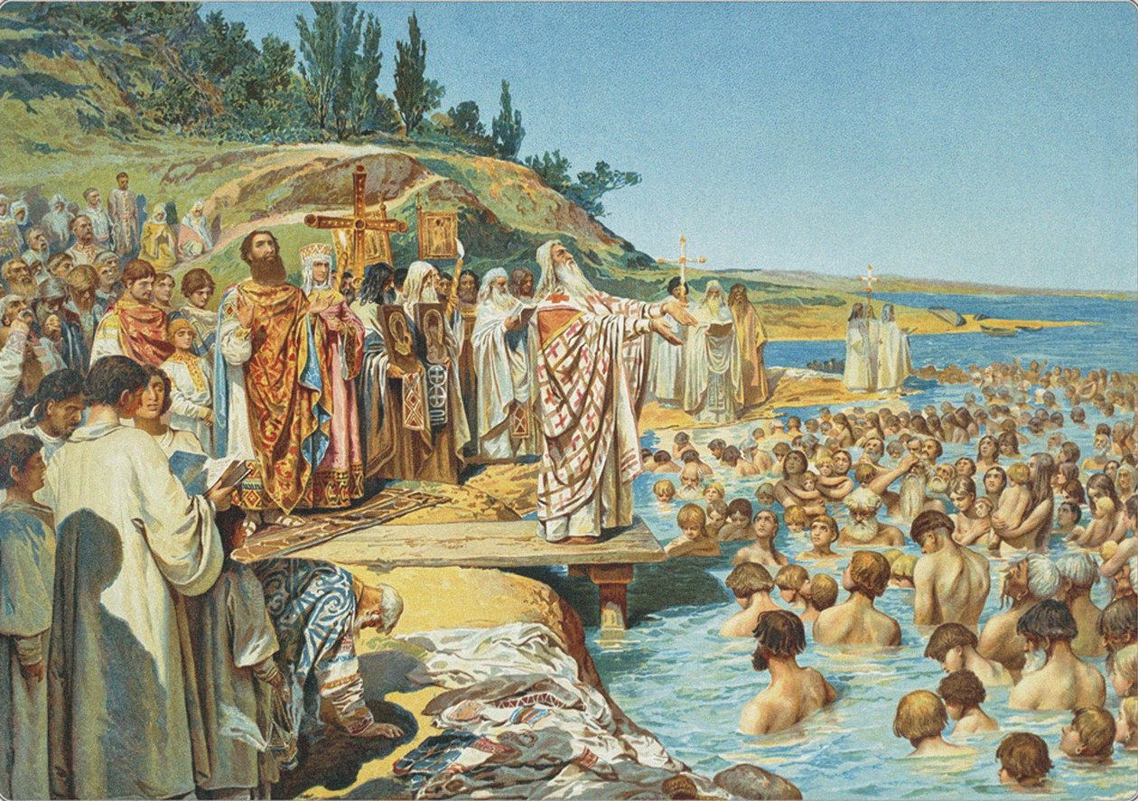 O batismo dos moradores de Kiev em 988 de Klavdiy Vasilievich Lebedev
