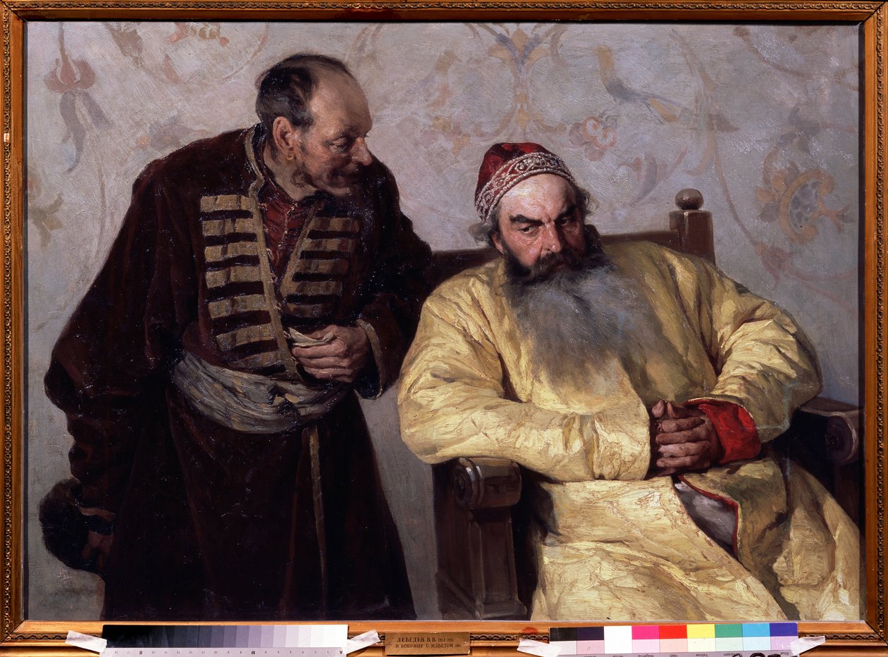 Une denunciation au Boyar (boiard, boiar) (Ao Boyar com uma Denúncia). Durante os tempos conturbados (1598-1613) sob o reinado do czar Ivan IV, o Terrível (1530-1584), no Grão-Ducado de Moscou, um homem, segurando um papel dobrado na mão, falou com de Klavdiy Vasilievich Lebedev