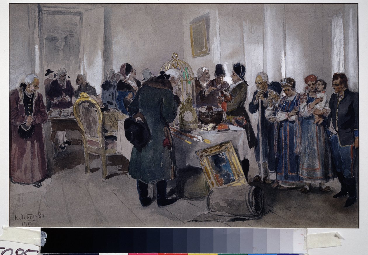 Venda em leilão de servos. Entre vários objectos (tapetes, gaiolas, pinturas, livros e quinquilharias), uma família camponesa é exposta para ser vendida. Os nobres e proprietários de terras flanqueiam e observam, rodeados por de Klavdiy Vasilievich Lebedev