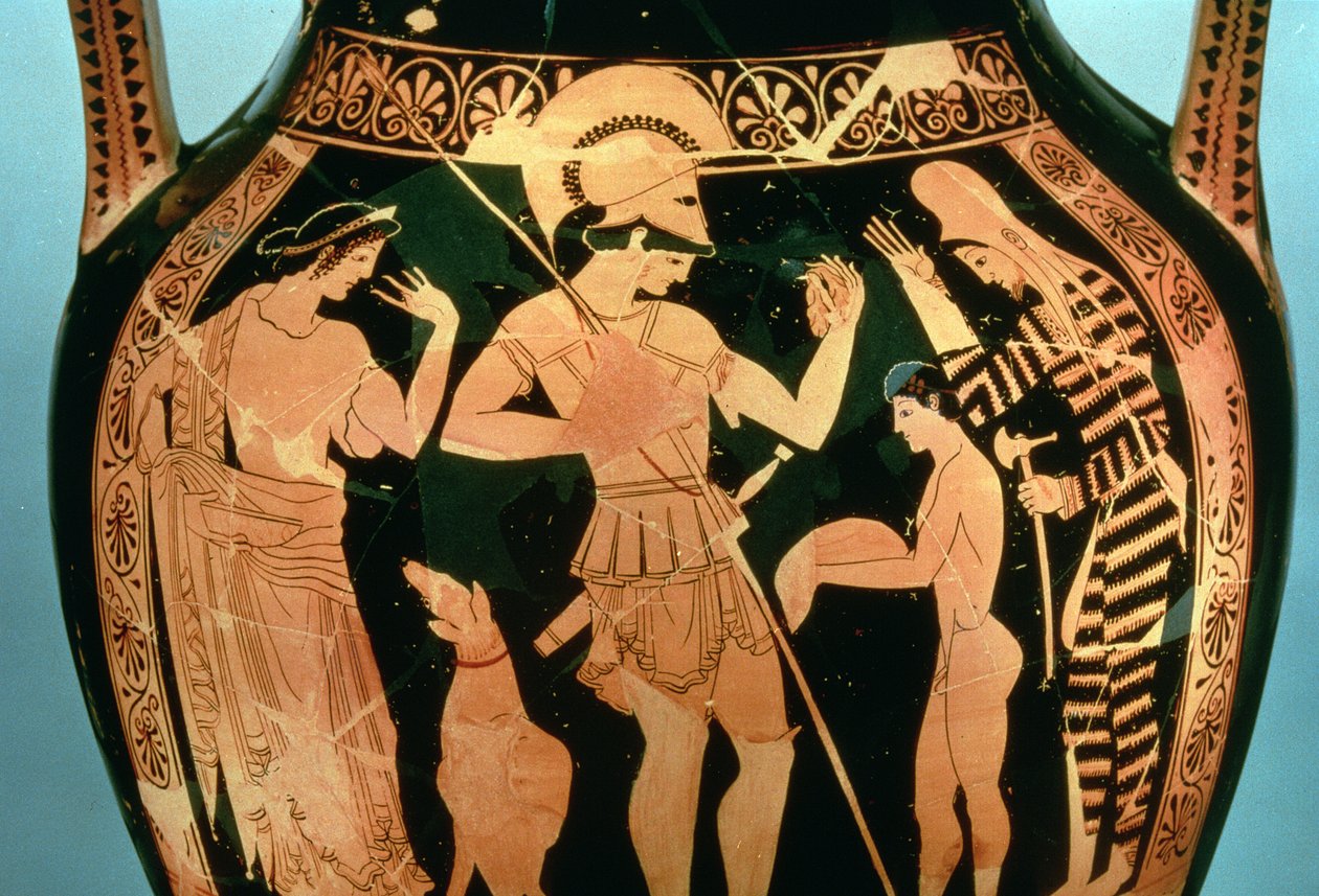 Vaso de figura vermelha ático representando um soldado participando de um ritual de adivinhação antes de lutar, 490-480 aC de Kleophrades Painter