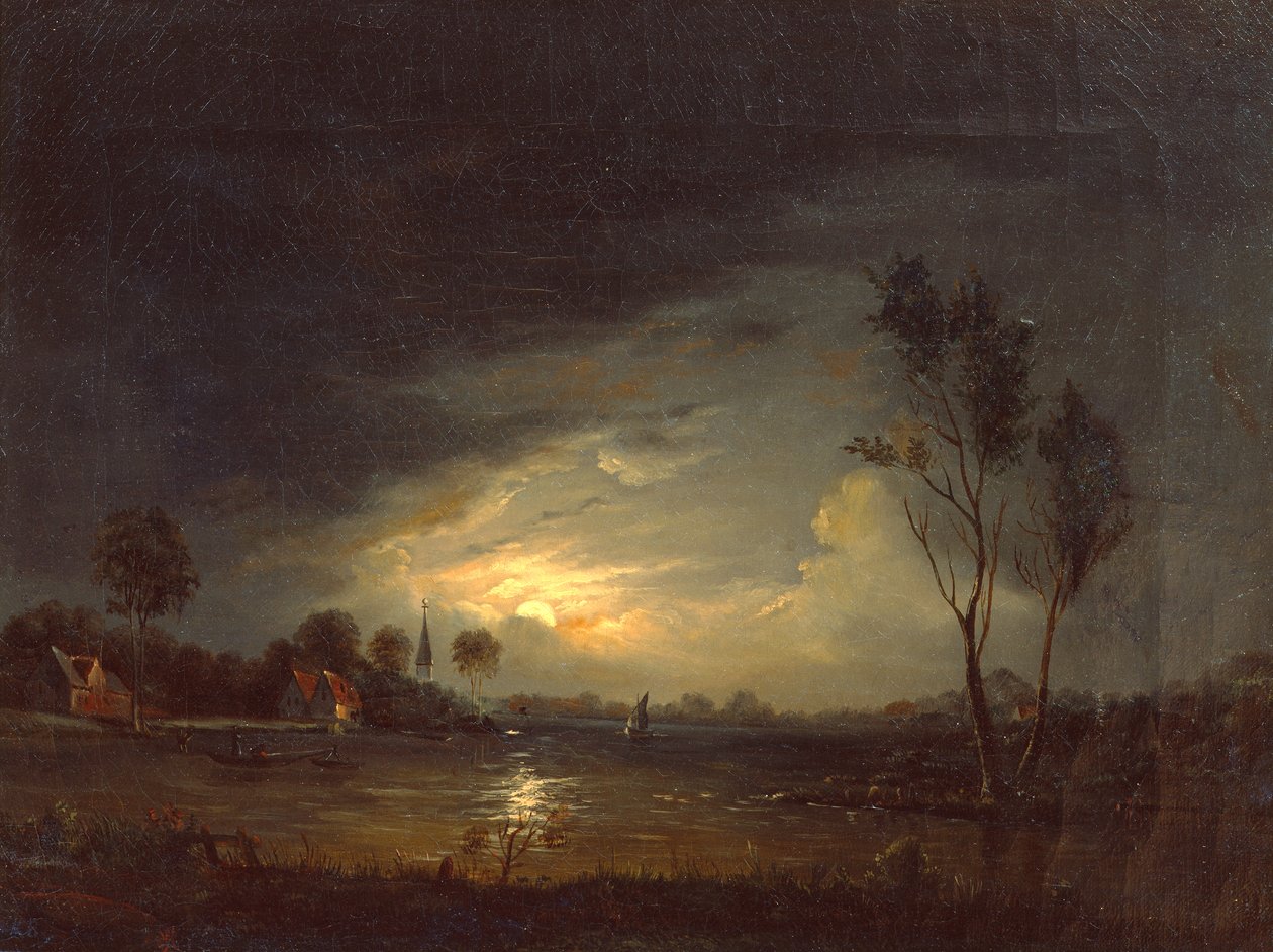 Paisagem de fiorde com pescadores ao luar de Knud Andreassen Baade