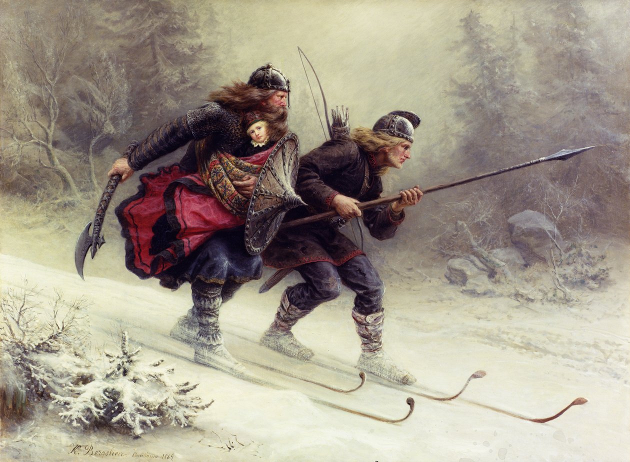 Soldados do rei norueguês Sverre, Torstein Skevla e Skjervald Skrukka carregando o filho do rei Hakon Hakonsson de Knud Bergslien