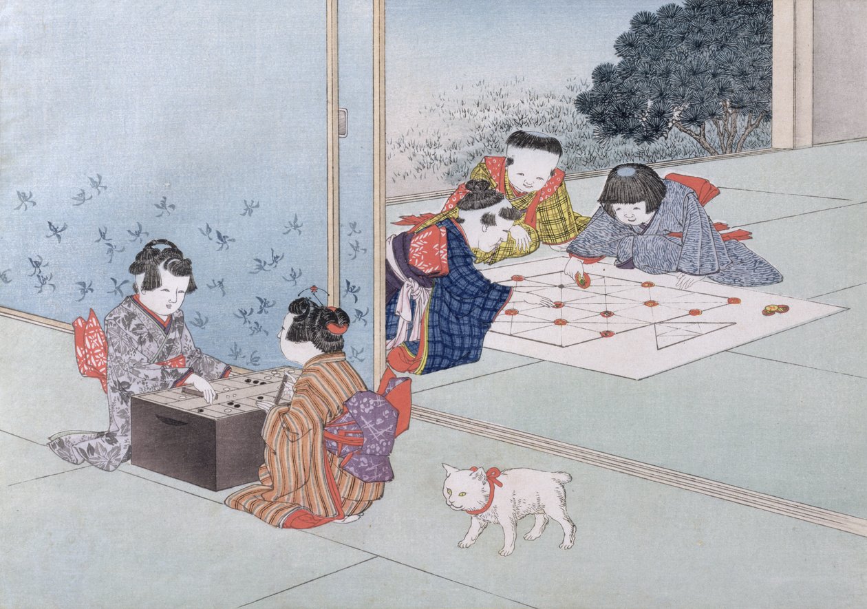 Gamão e Musashi da série &39;Children&39;s Games&39;, 1888 (cor xilogravura) de Kobayashi Eitaku