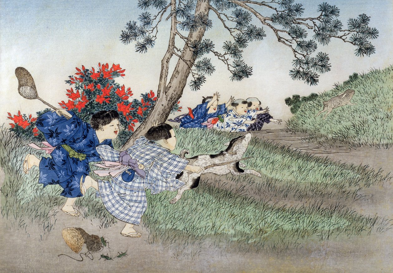 Perseguindo Coelhos da série "Jogos Infantis", 1888 (cor xilogravura) de Kobayashi Eitaku