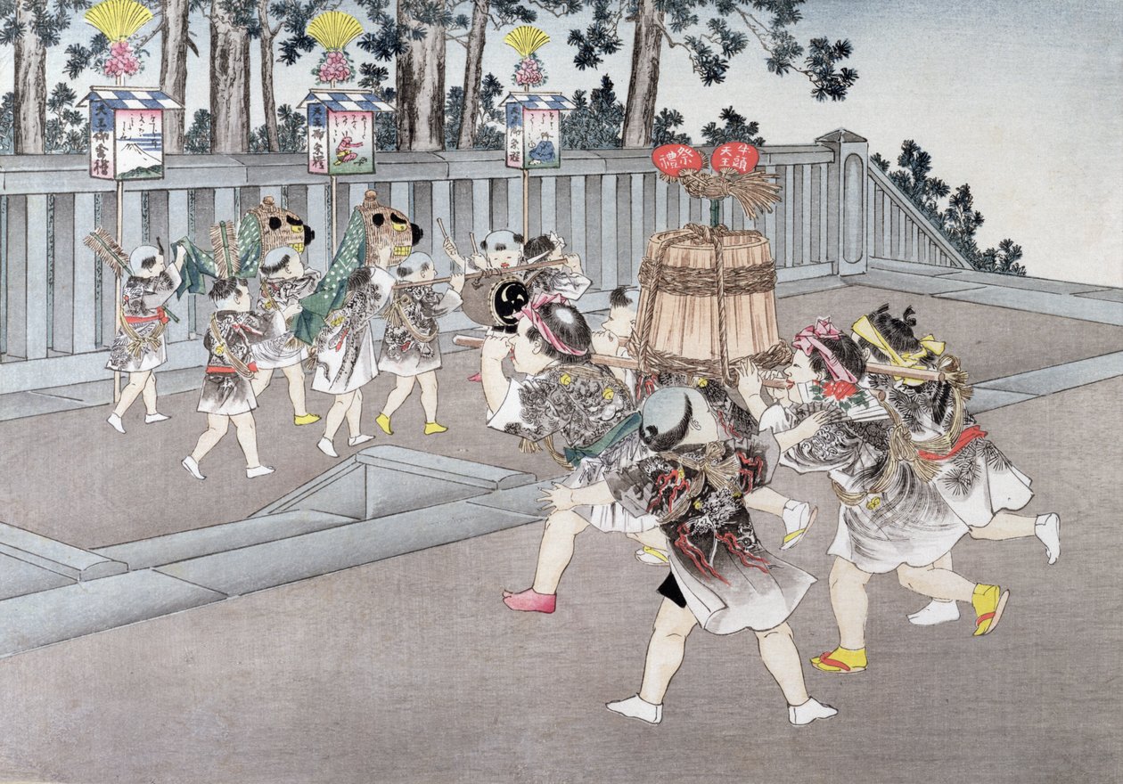 Procissão do Festival do Santuário da série &39;Children&39;s Games&39;, 1888 (xilogravura a cores) de Kobayashi Eitaku