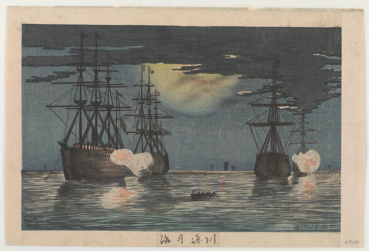 Mar enluarado em Kawasaki, c.1879 (impressão em xilogravura a cores) de Kobayashi Kiyochika