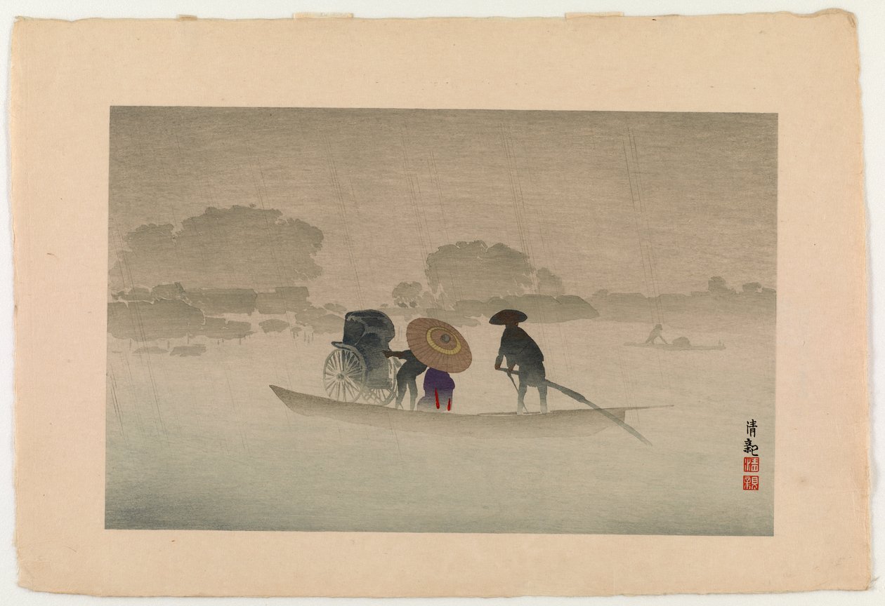 Takeya ferry em Matsuchichiyama na chuva de primavera, 1929 (impressão de woodblock de cor) de Kobayashi Kiyochika