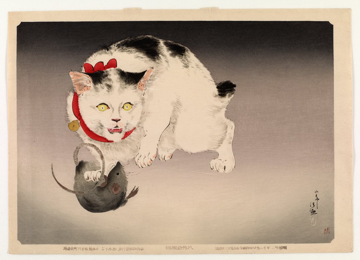 O gato que tudo vê, depois dos anos 50 (impressão em xilogravura a cores) de Kobayashi Kiyochika