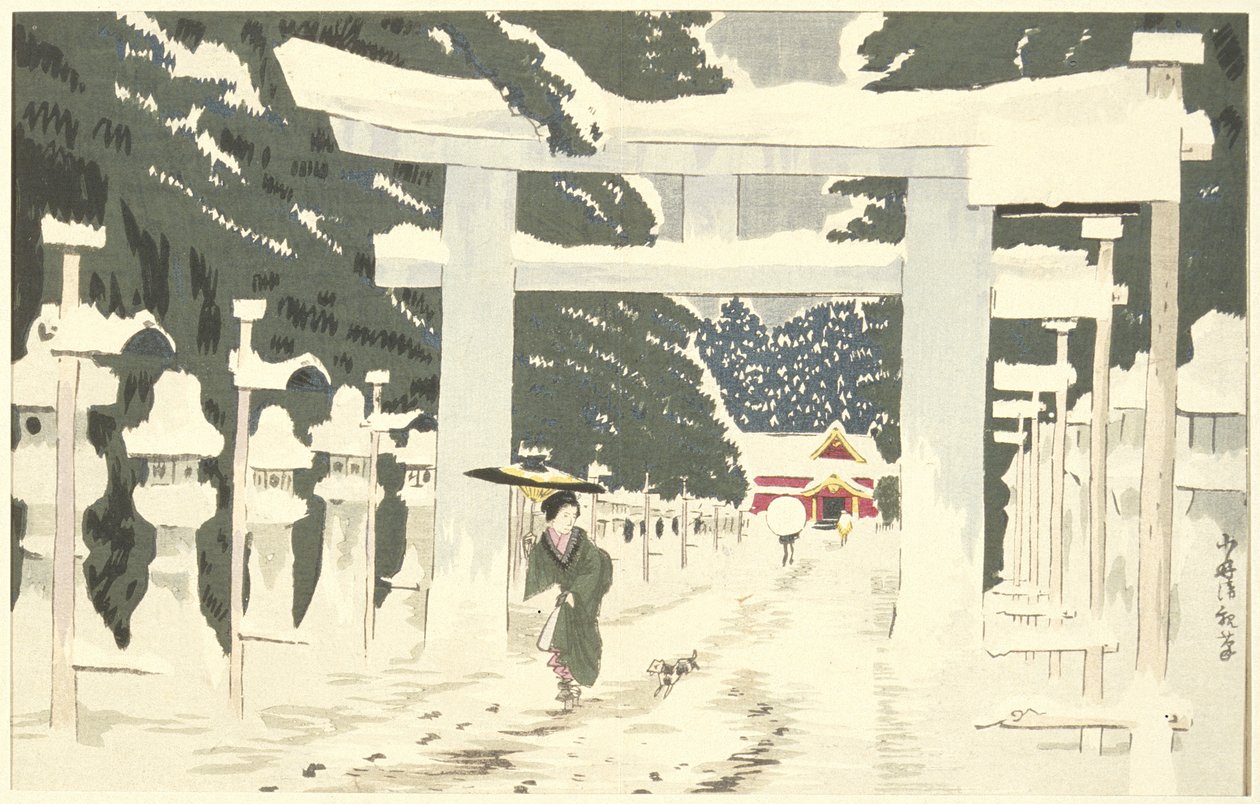 Forte queda de neve no santuário Tōshōgū em Ueno de Kobayashi Kiyochika