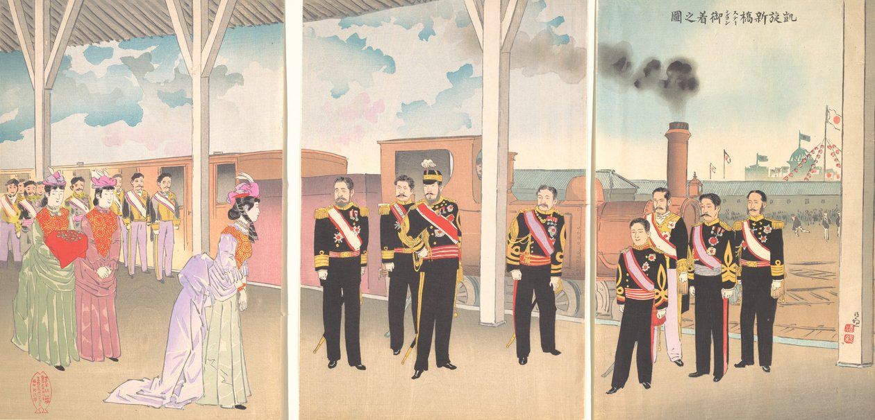 Ilustração da Chegada do Imperador à Estação Shinbashi Após um Gaise de Vitória..., 1895. de Kobayashi Kiyochika