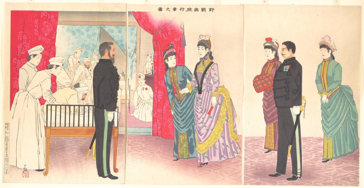 Ilustração da Imperatriz a visitar um hospital de campanha [em Hiroshima] (Yasen byōin gyōkō no zu) de Kobayashi Kiyochika