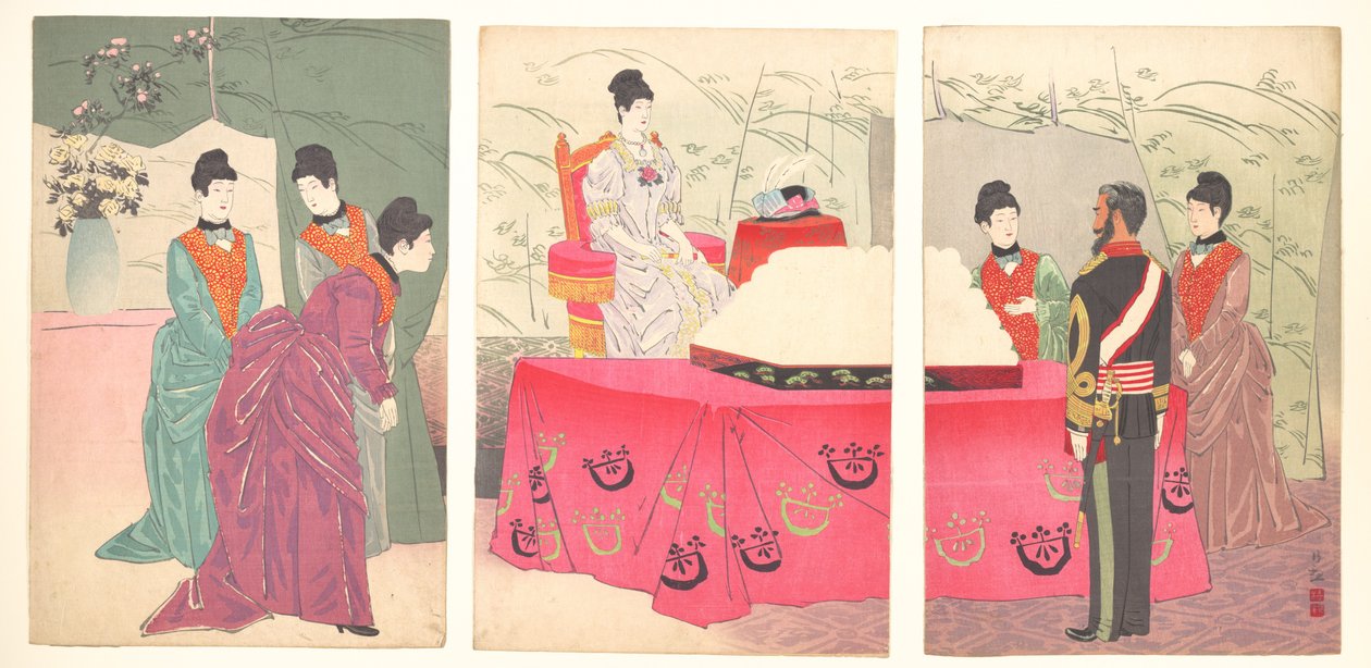Ilustração da visita da imperatriz ao quartel-general do Estado-Maior [para apresentar um tabuleiro de ligaduras] (Sanbō honbu gyōkei no zu) de Kobayashi Kiyochika