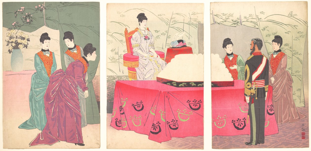 Ilustração da Visita da Imperatriz à Sede do Estado-Maior [para apresentar uma bandeja de ..., 1895]. de Kobayashi Kiyochika