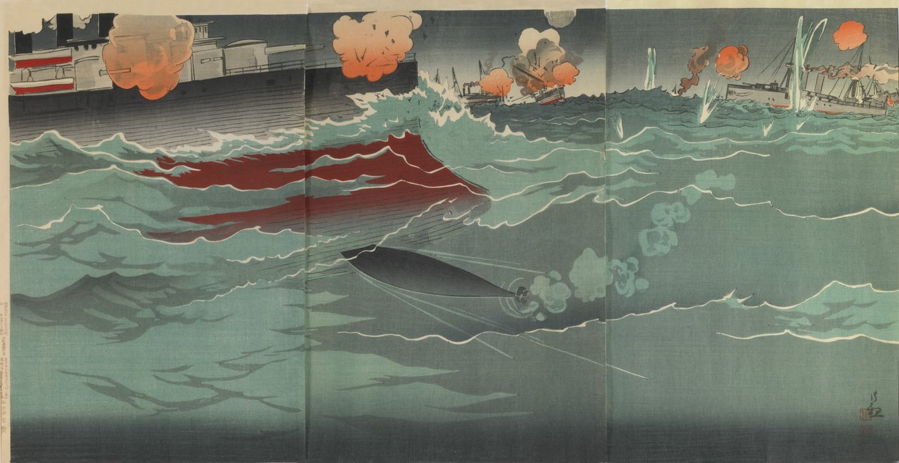 O nosso Torpedo Atingindo um navio de guerra russo na Grande Batalha Naval de Port Arthur de Kobayashi Kiyochika
