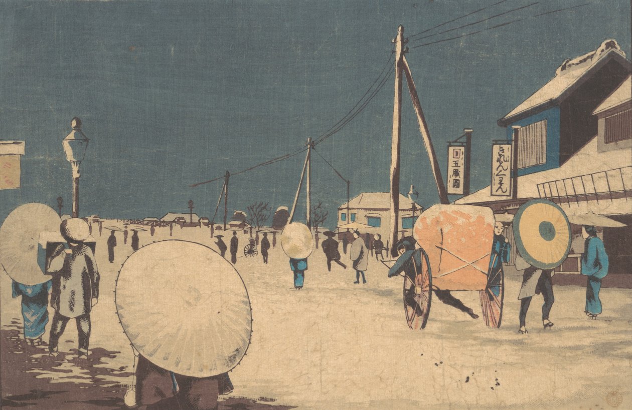 Cena de rua nos arredores de Edo em uma noite de inverno, ca. 1878. de Kobayashi Kiyochika