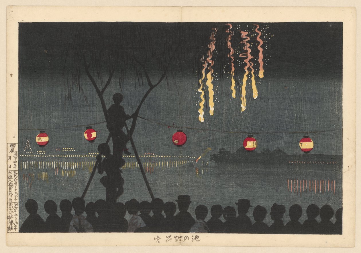 Fogos de artifício em Ikenohata
Fogos de artifício à beira do lago
Ikenohata hanabi (título sobre o objecto) de Kobayashi Kiyochika
