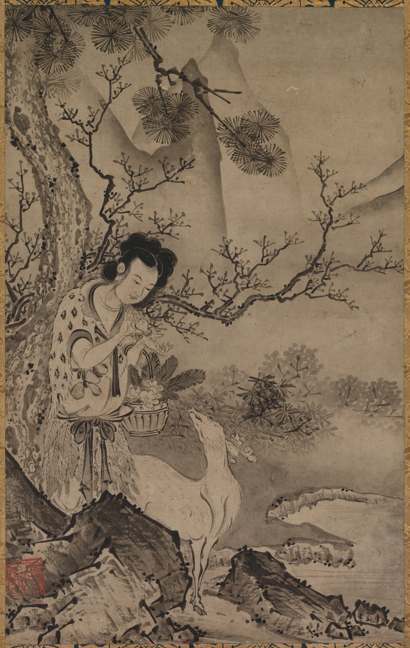 Figura feminina taoísta na paisagem, início de 1500. de Koboku