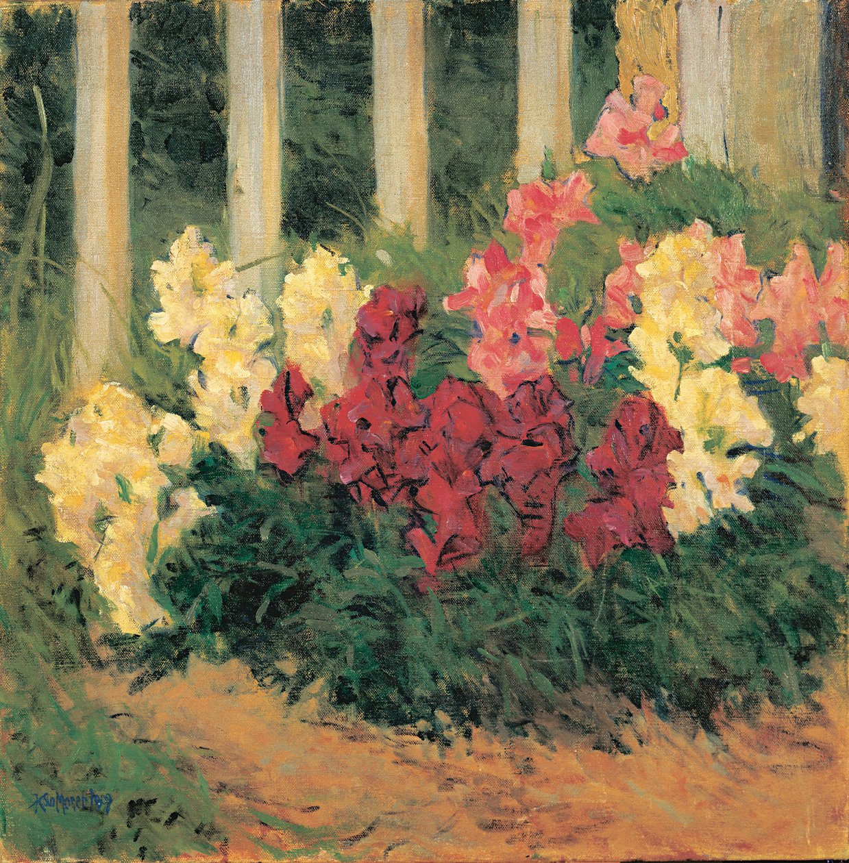 Blumenstrauch vor Gartenzaun - Flores em frente a uma cerca de jardim ... (óleo sobre tela) de Koloman Moser