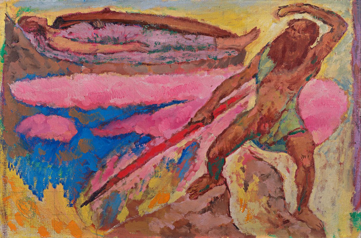 O deus Odin (Wotan) e Brunnhilde - Pintura de Koloman Moser (1868-1918), cerca de 1916, óleo sobre tela - Wotan e Brunnhilde - Óleo sobre tela de Koloman Moser (1868-1918), ca 1916 - 50,5x75,2 cm - Museu Leopold, Viena de Koloman Moser