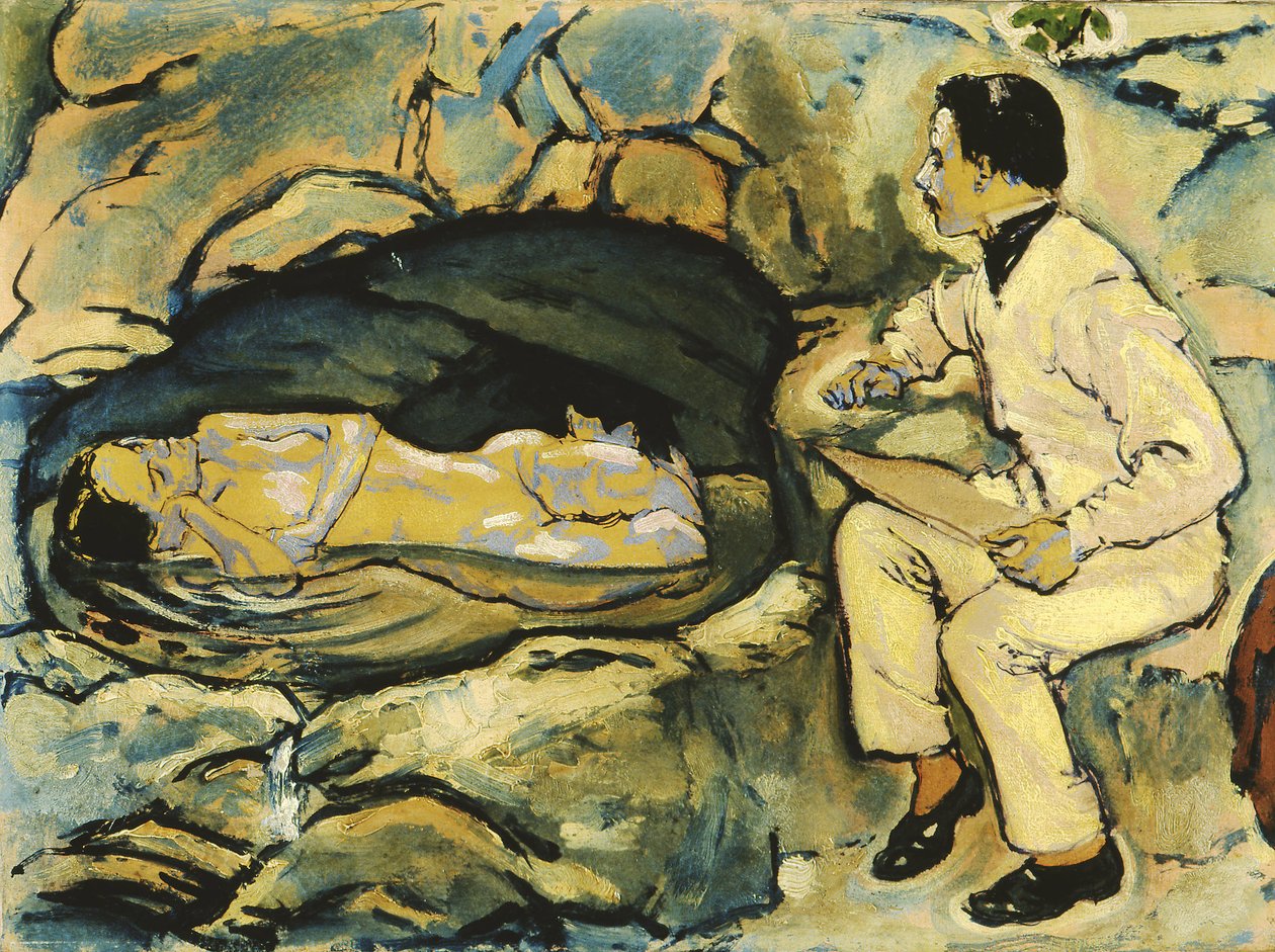 Auto-retrato, desenho com sereia na gruta da rocha, 1914. de Koloman Moser