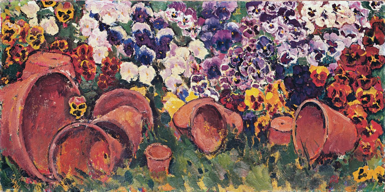 Amores-perfeitos com vasos de flores - Amores-perfeitos com vasos de flores ... (óleo sobre tela) de Koloman Moser