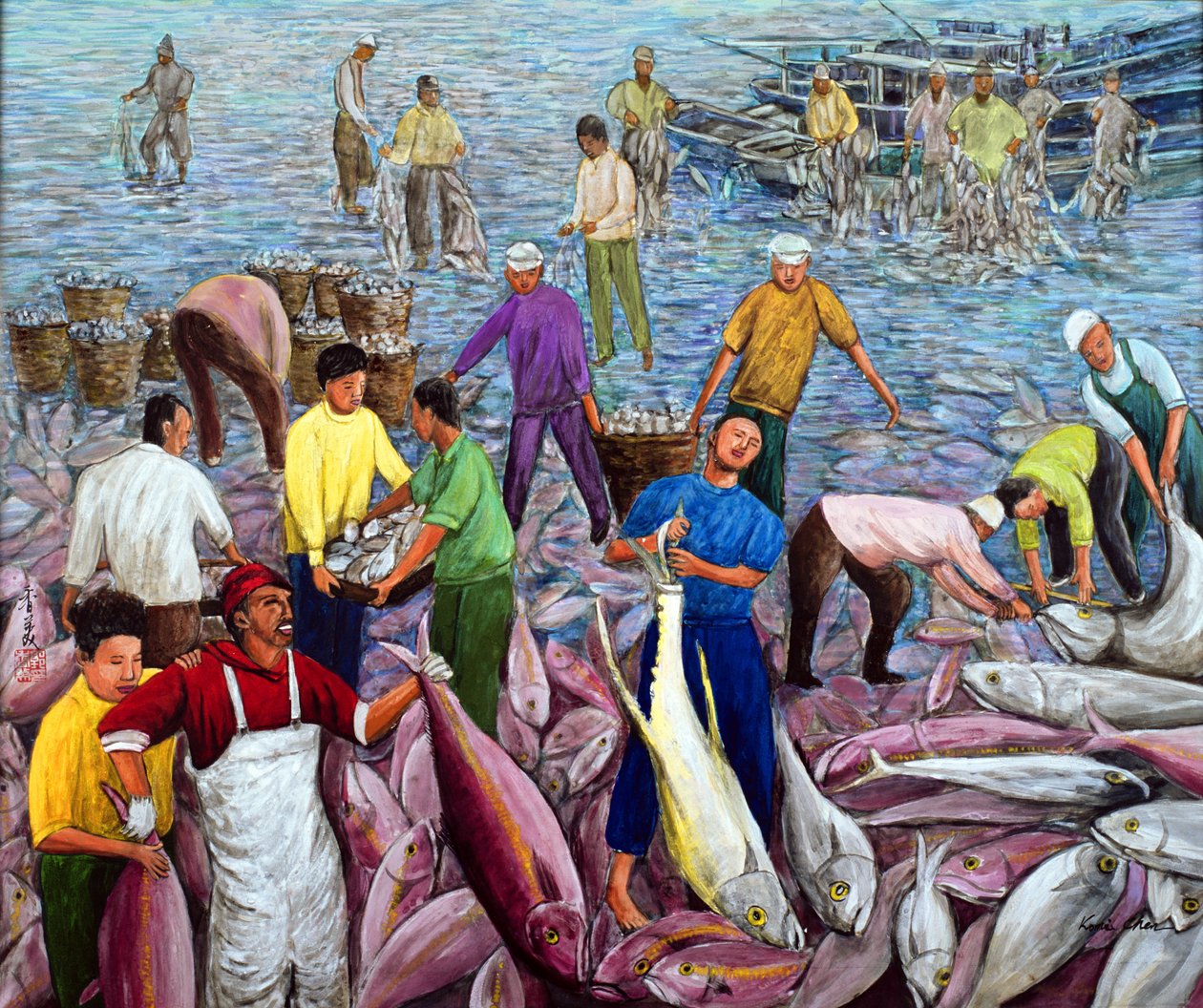 Colheita de pára-choque, 1994 (guache em seda) de Komi Chen