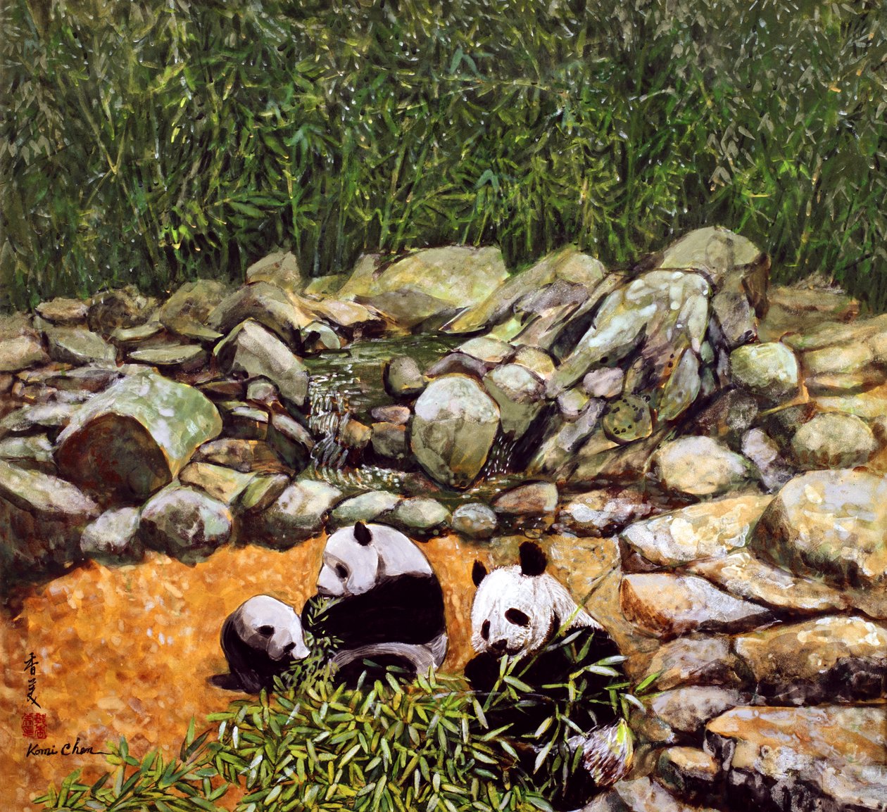 Família Feliz (Pandas) 1993 (guache sobre seda) de Komi Chen