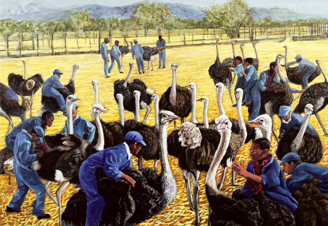 Fazenda de avestruzes, 1988 (guache sobre papel de arroz) de Komi Chen