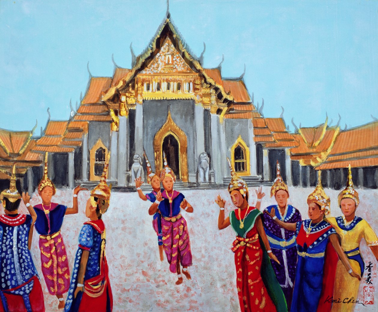 Dança Tradicional Tailandesa, 1990 (guache sobre seda) de Komi Chen
