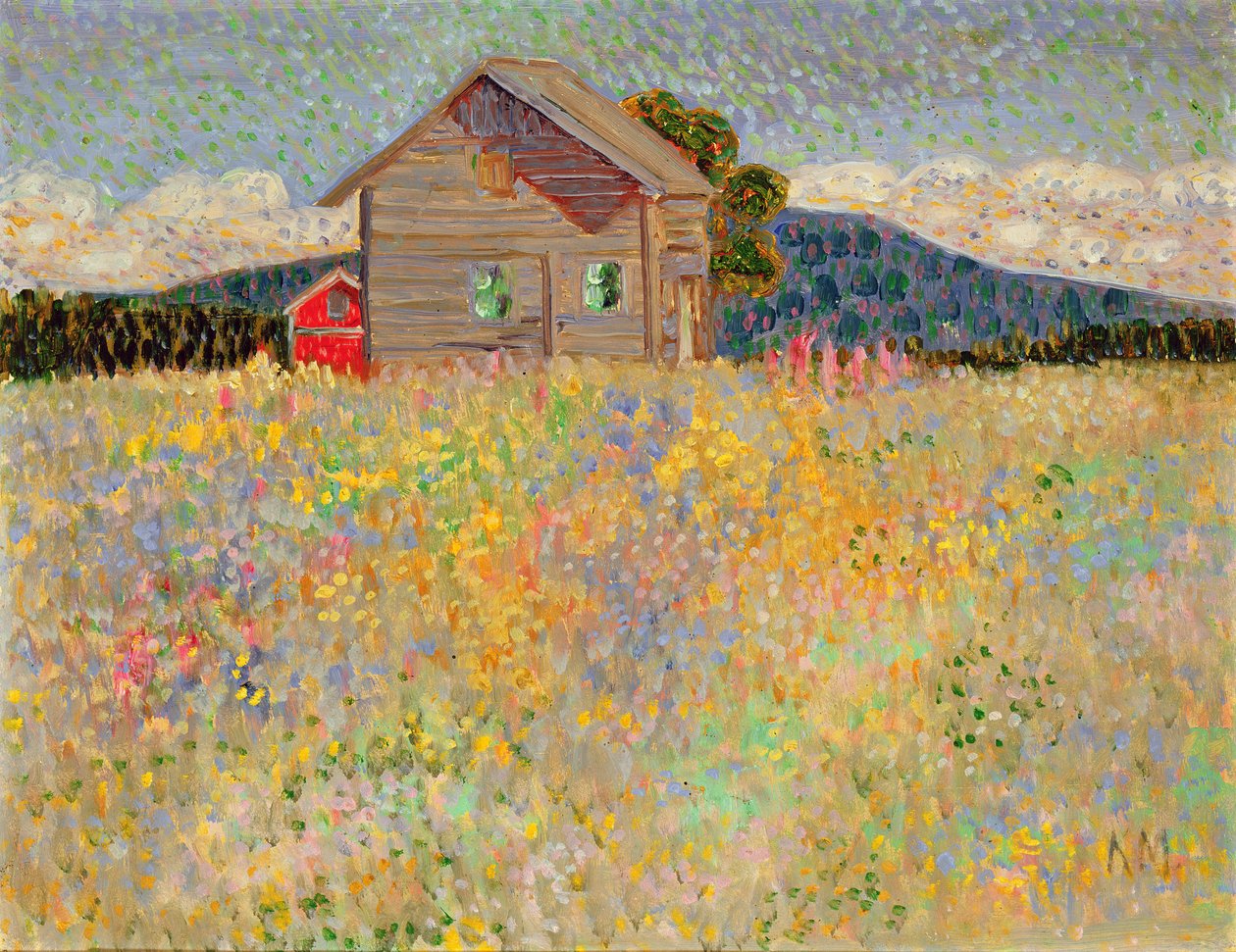 Casa de madeira pequena em um prado de florescência, c.1909 (óleo na placa da pasta) de Konrad Magi