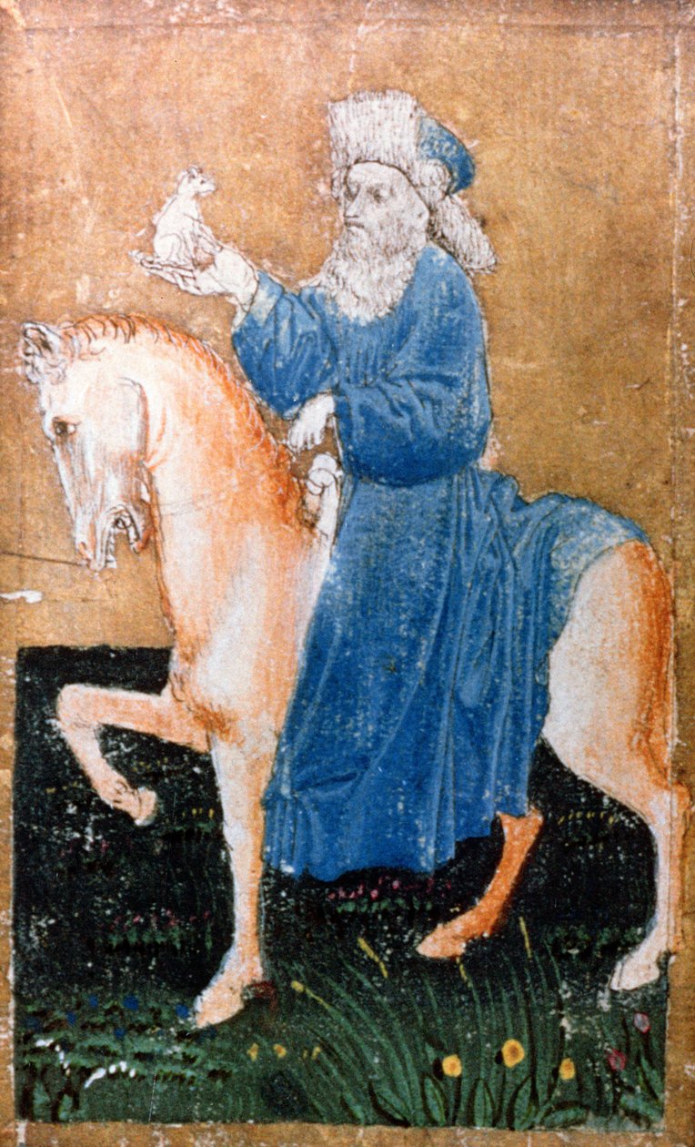 Um homem montado segurando um cão pequeno, um de um conjunto de cartas de baralho representando cenas de falcoaria, área superior Rhein, c.1440-45 (caneta e tinta, wc) (ver também 87698, 88300-01 e 88303-04) de Konrad Witz