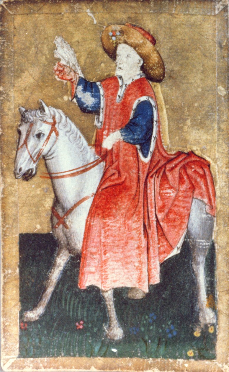 Um falcoeiro montado, um de um conjunto de cartas de baralho que descrevem cenas de falcoaria, Upper Rhein Area, c.1440-45 (caneta e tinta, wc) (ver também 87698 e 88300-03) de Konrad Witz