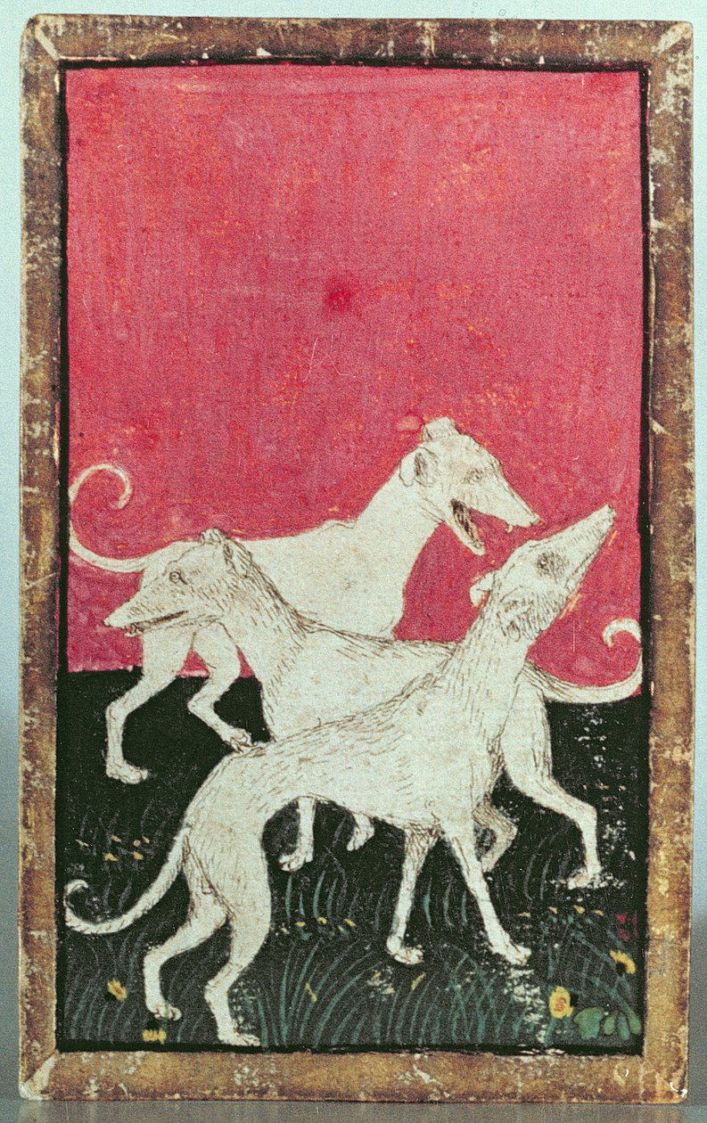 Três cães de caça, um de um conjunto de cartas de baralho que descrevem cenas de falcoaria, Upper Rhein Are, c.1440-45 (caneta e tinta, wc) (ver também 87698, 88300 e 88302-04) de Konrad Witz