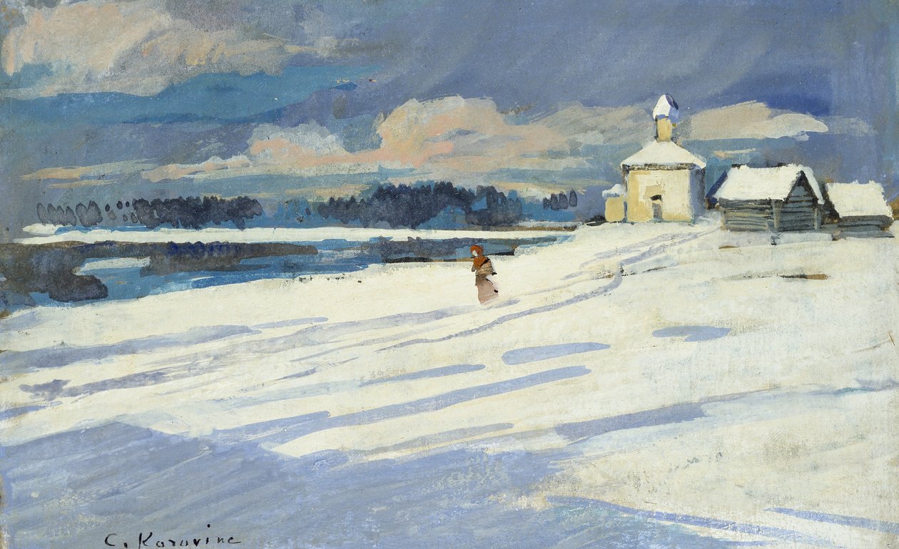 Paisagem de inverno com uma pequena igreja (óleo a bordo, montado como um desenho) de Konstantin Alekseevich Korovin