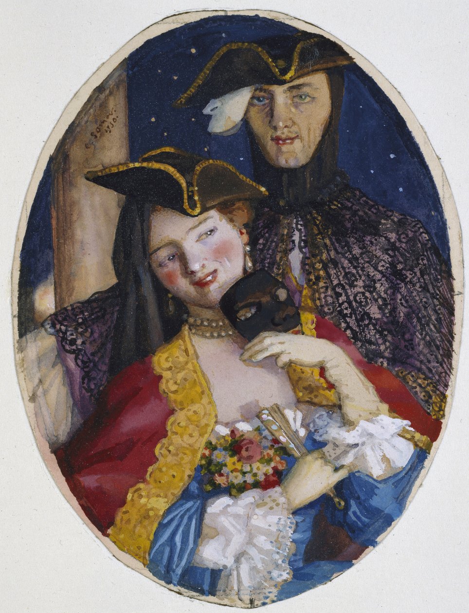 Casal vestido para um carnaval veneziano, 1930 (Bodycolour sobre vestígios de grafite em papel creme) de Konstantin Andreevic Somov