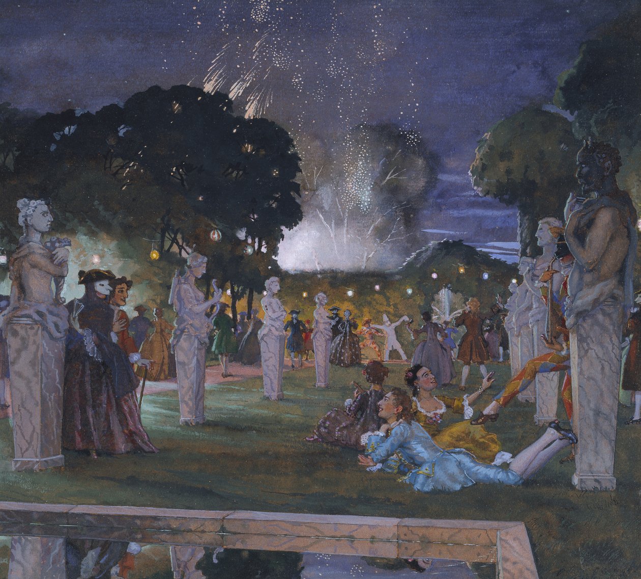 Celebrações em Veneza, 1930 (Bodycolour em papel laranja) de Konstantin Andreevic Somov