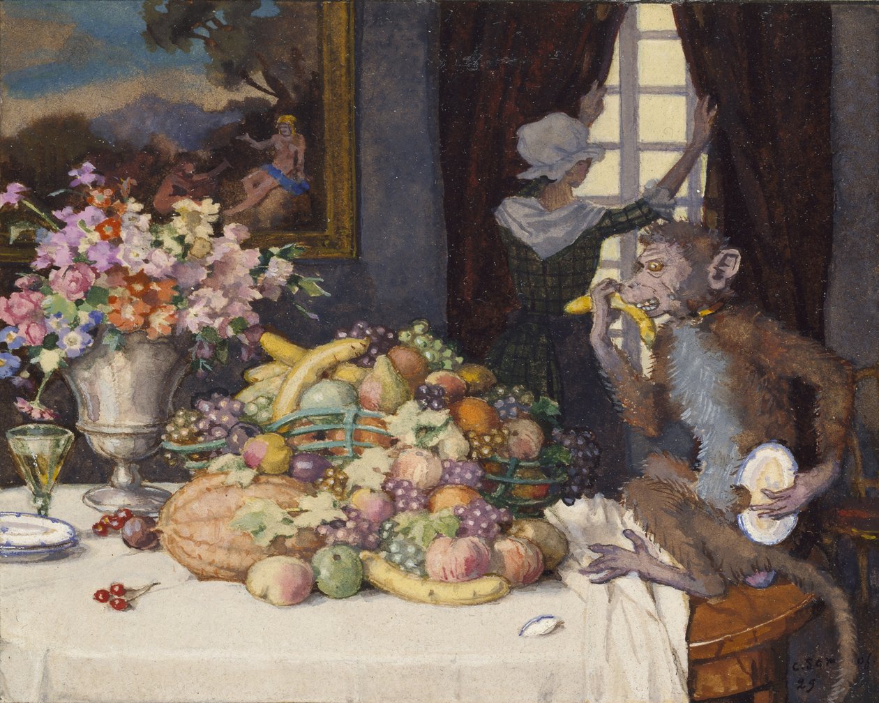 Macaco Ganancioso, 1929 (bodycolour dentro de uma borda delineada em tinta preta sobre papel creme) de Konstantin Andreevic Somov