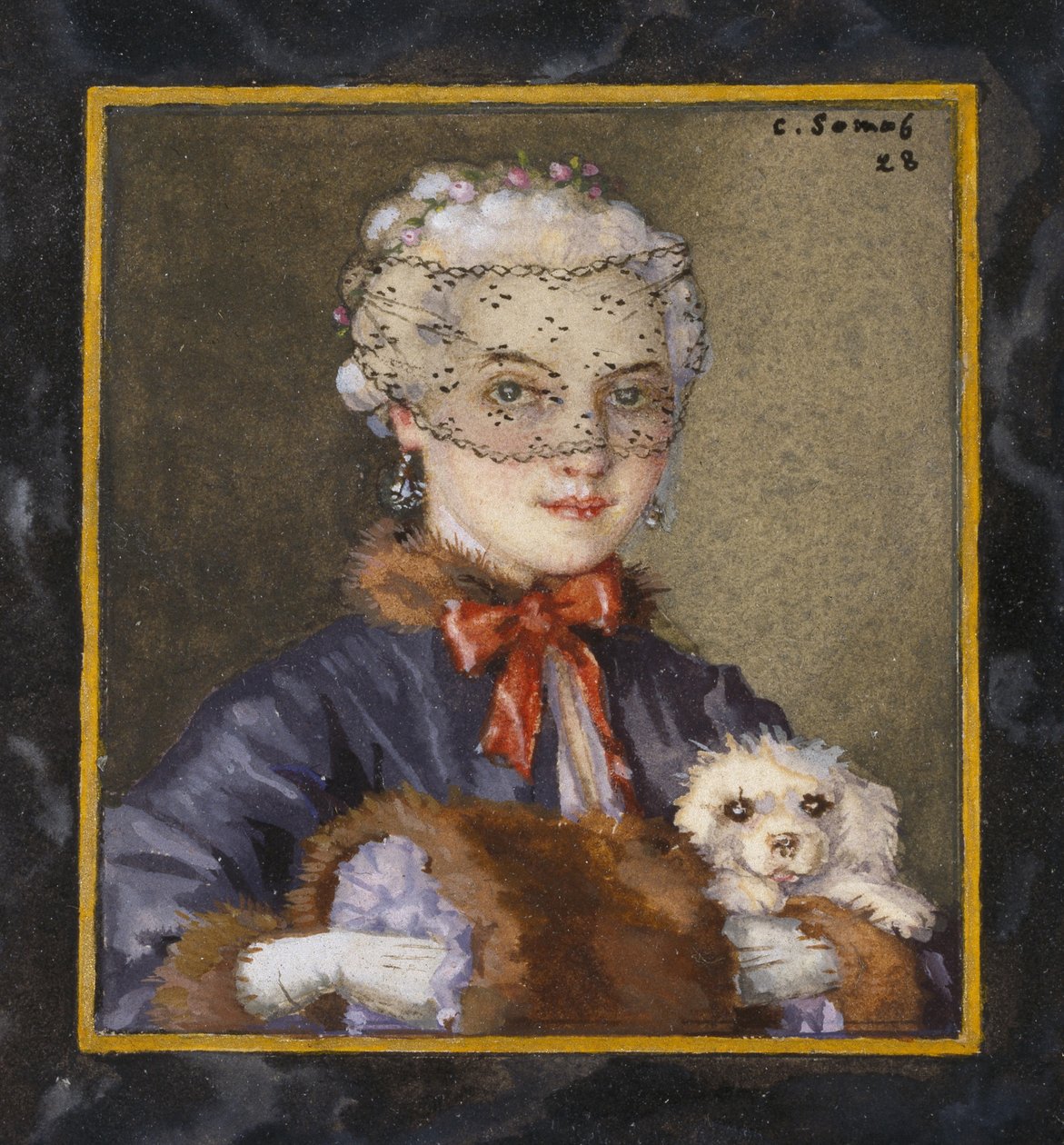 Senhora com um cão, 1928 (bodycolour dentro de uma borda delineada em tinta preta em torno de um quadro fictício em papel branco) de Konstantin Andreevic Somov