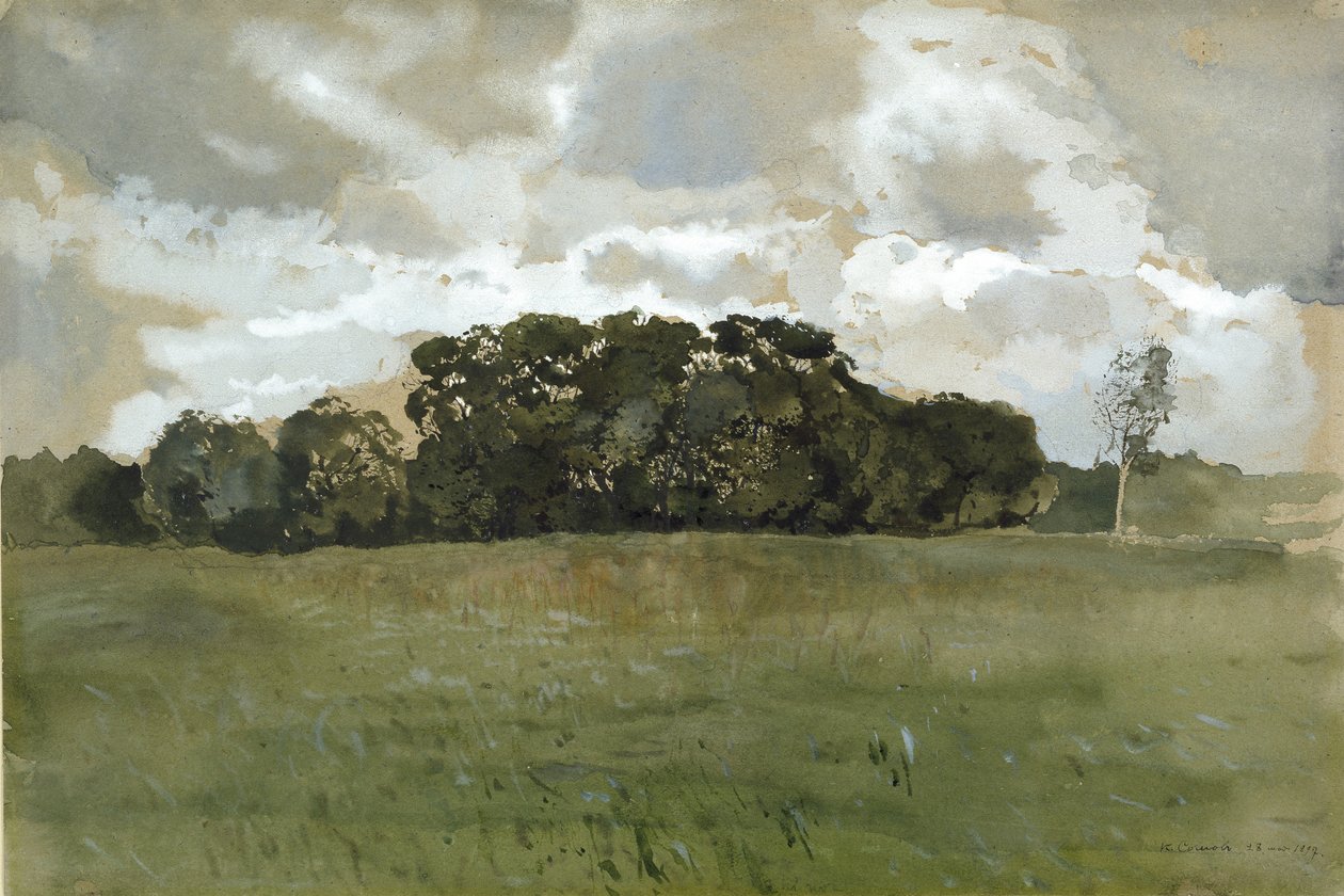 Paisagem com nuvens cinzentas, 1897 (aquarela e bodycolour sobre vestígios de grafite em papel amarelo) de Konstantin Andreevic Somov