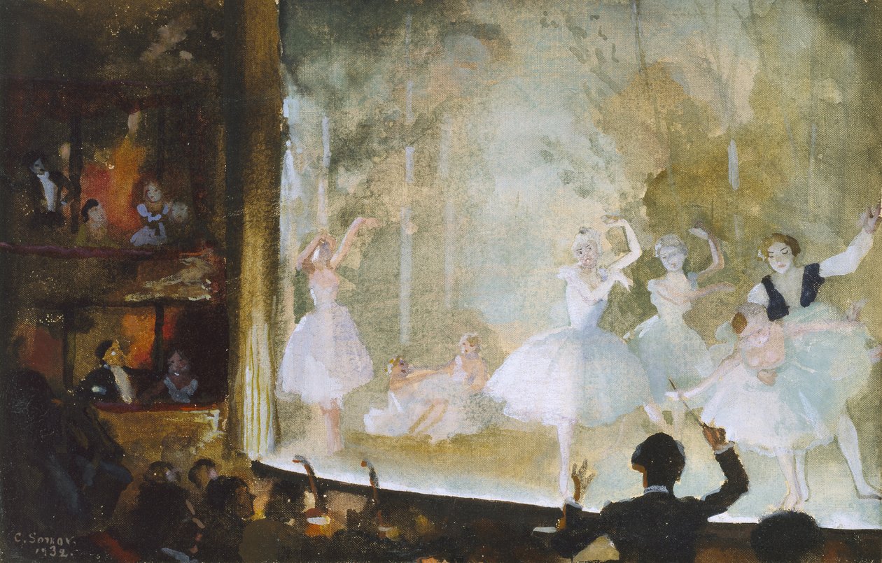 Balé russo, Champs-Elysees: The Sylphs, 1932 (Bodycolour em linho) de Konstantin Andreevic Somov