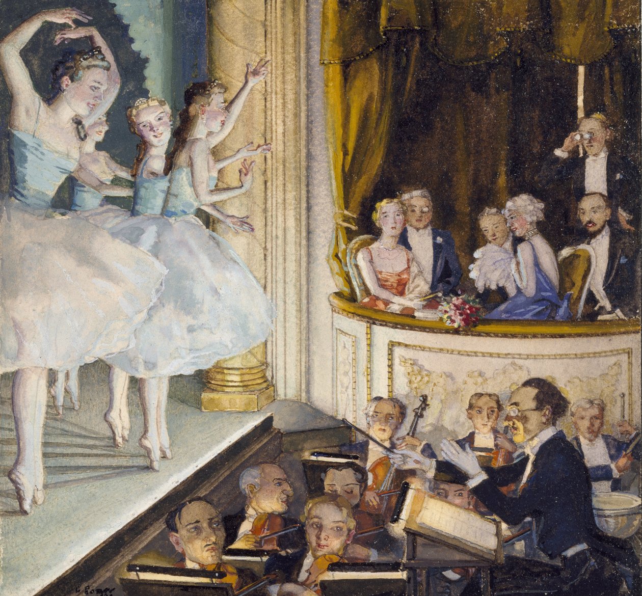 Balé russo, 1930 (bodycolour dentro de uma borda delineada em tinta preta sobre papel creme) de Konstantin Andreevic Somov