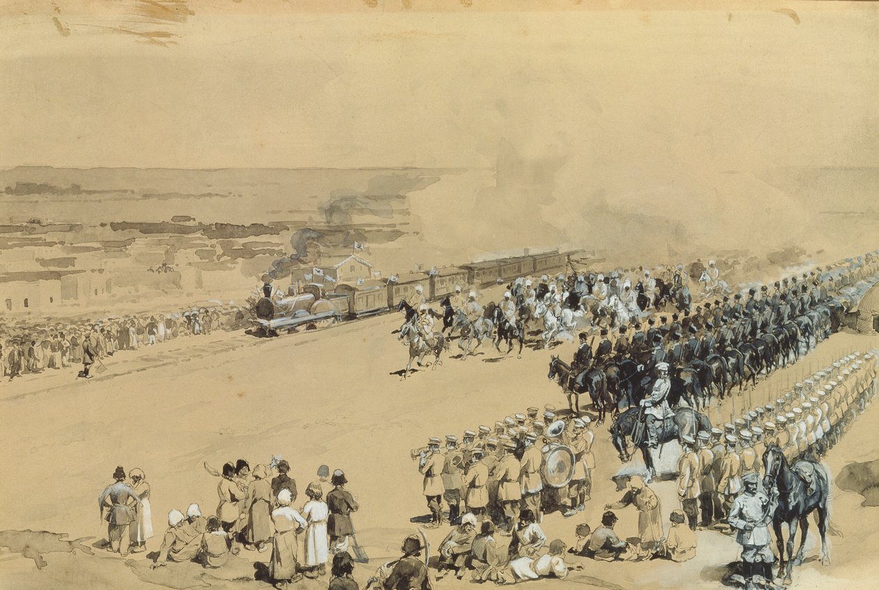 O primeiro trem, 1883 (wc e guache sobre papelão) de Konstantin Apollonovich Savitsky